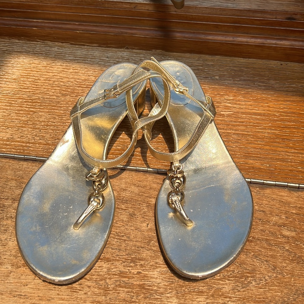 Gucci size 11 gold metal linked sandals with 1.5 in heel